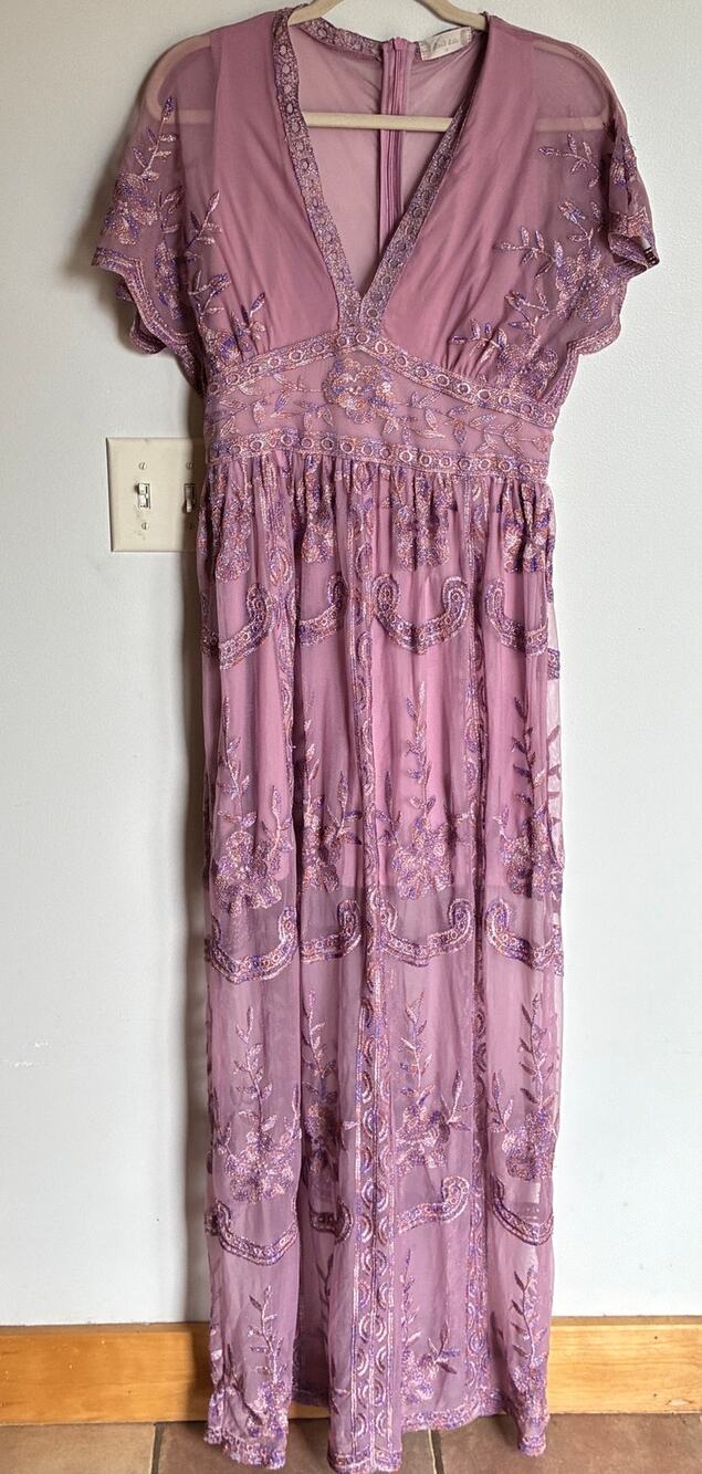 Altar'd State Mariska Purple Embroidered Mesh Maxi Dress Womens M Fairy Formal